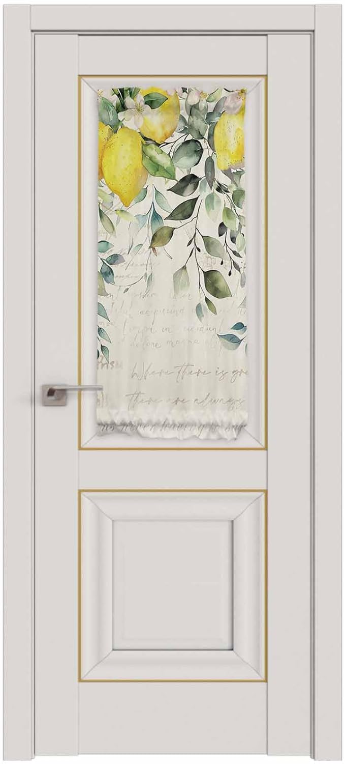 French Door Curtain Panel for Front Door, Vintage Lemon Botanical Plant Eucalyptus Leaves Sage Green Slidelight Door Curtains with Tieback Light Filtering Privacy Panels for Doorway Entryway 25"x 40"