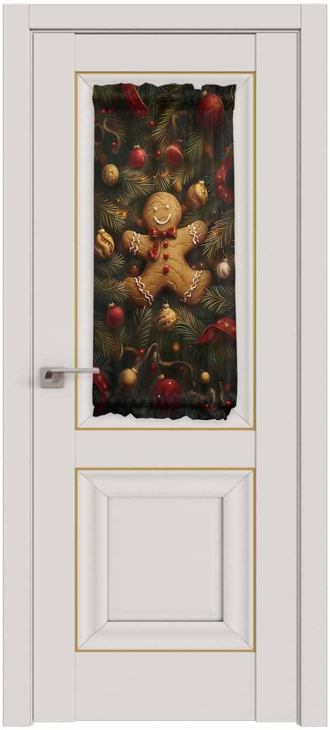 Christmas French Door Curtain Panel for Front Door, Gingerbread Man Pine Branch Xmas Light Balls Slidelight Door Curtains with Tieback Light Filtering Privacy Panels for Doorway Entryway 25"x 40"