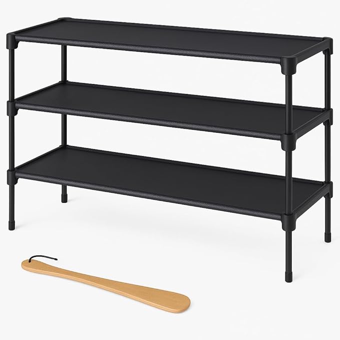 Shoe Rack Bundle with Shoe Brush & Shoe Horn - Space Saving, Shoe Organizer for Closet & Entryway - Durable Shoe Storage Rack