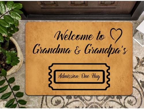 Funny Welcome Doormat Welcome to Grandma & Grandpa's Admission One Hug Doormats for Entrance Way Indoor Personalized Non Slip Rubber Mat for Front Door Mats Kitchen Rugs and Mats 16x24 inch