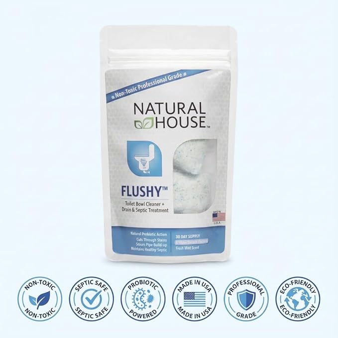 Natural House Flushy - Probiotic Toilet Bowl Cleaner Pods - Septic Safe - Removes Hard Water Stains - Fresh Mint Scent - 60 count