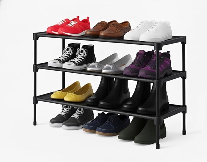 Shoe Shelf- 3 Tier Shoe Rack Stackable with Shoe Brush & Ergonomic Shoe Horn – Space-Saving Shoe Organizer for Entryway, Hallway, Closet or Wardrobe – Complete Shoe Care & Storage Set (Black)