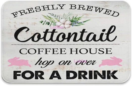 Easter Drying Mat Freshly Brewed Cottontail Coffee House Rustic Kitchen Quote Cute Non Slip Bath Bathroom Soft Low Profile 20x32 Inch