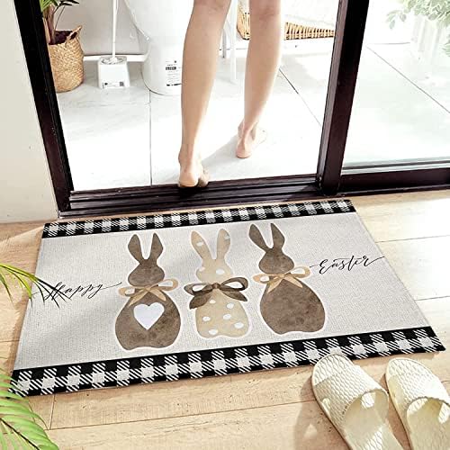 Easter Boho Bunny Ear Butt Black White Buffalo Plaid Brown Indoor Doormat Durable Welcome Front Door Mats Entryway Rugs Non Slip Absorbent Area Rugs Resist Dirt Carpet for Room Decor 20x32 inch