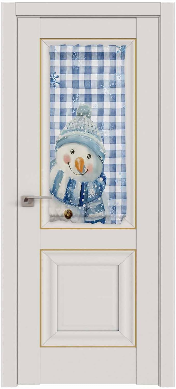 Christmas French Door Curtain Panel for Front Door, Winter Smile Snowman Snowflake Classical Blue Plaid Slidelight Door Curtains with Tieback Light Filtering Privacy Panels for Entryway 25"x 40"