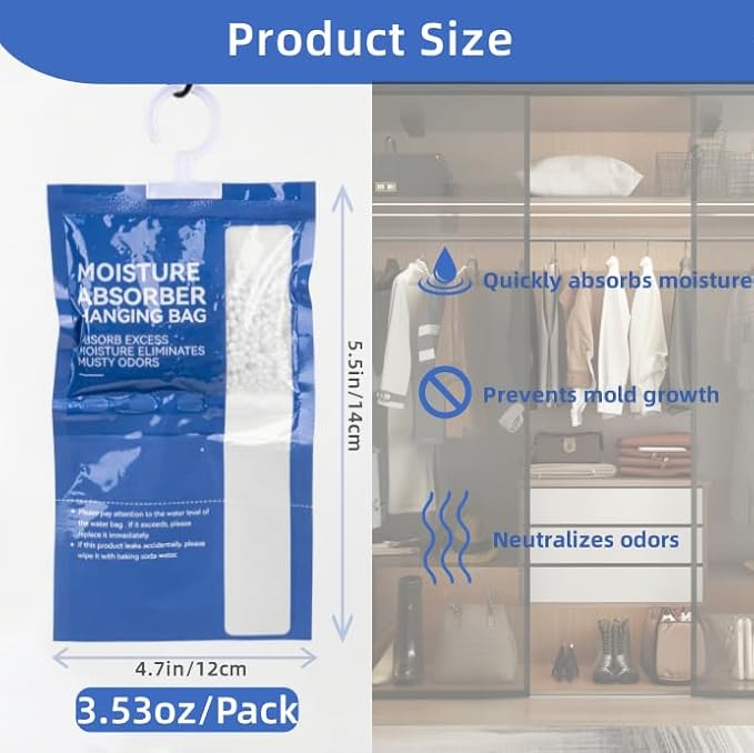 RAINFLOW Dehumidifier Bags Hanging Moisture Absorbers - 4 Packs Dehumidifiers for Home Closet Bathroom Basement, Hanging Bag Desiccant Packs for Bedroom RV Camper, Odor Absorber Household Essentials
