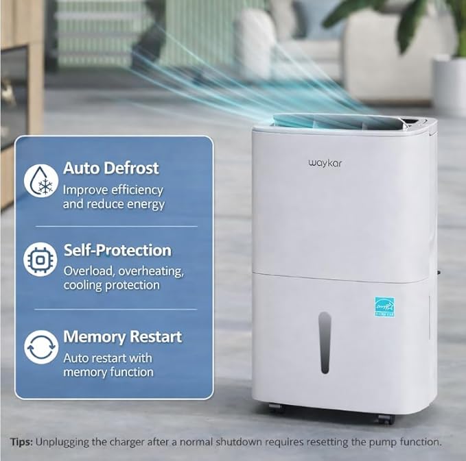 Waykar 150 Pints 2025 Energy Star Dehumidifier with Pump for Spaces up to 7,000 Sq. Ft at Commercial and Industrial Large Room, Warehouse, Home, Basement, with Drain Hose, Auto Defrost, Self-Drying