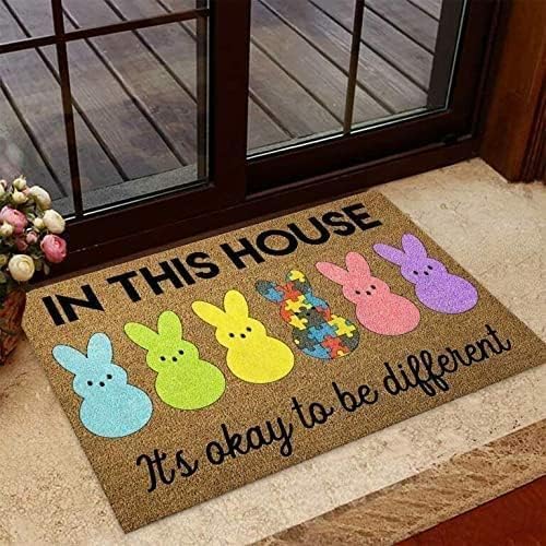 in This House It's Okay to Be Different Easter Autism Doormat Non-Slip Dust Floor Seasonal Spring Summer Mats Best Gifts for Parents Family Classmate 20x32Inch