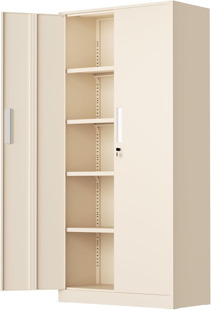 Bonusall 72" Metal Garage Storage Cabinet， Heavy-Duty Steel Cabinet with 2 Locking Doors & 4 Adjustable Shelves for Home, Office, or Workshop Organization(Grey)