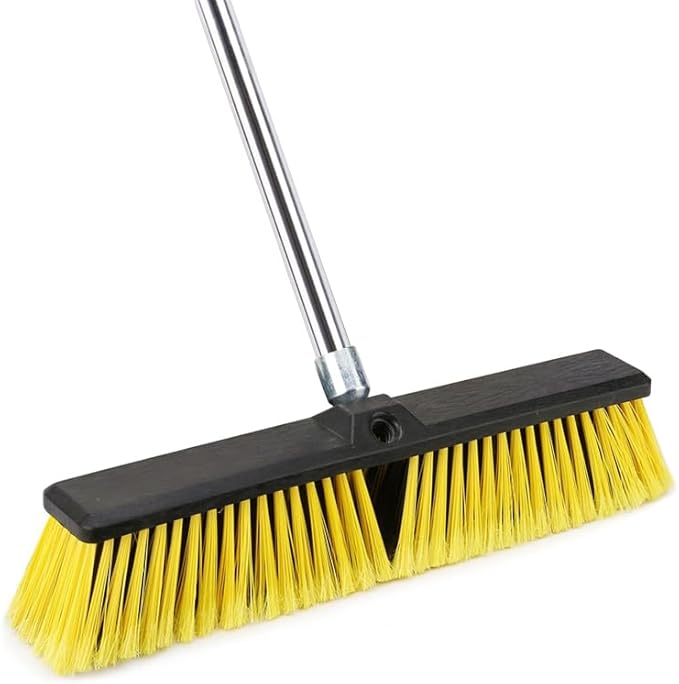 18 Inches Push Broom Outdoor - Heavy Duty Broom with 63" Long Handle for Deck Driveway Garage Yard Patio (Yellow)