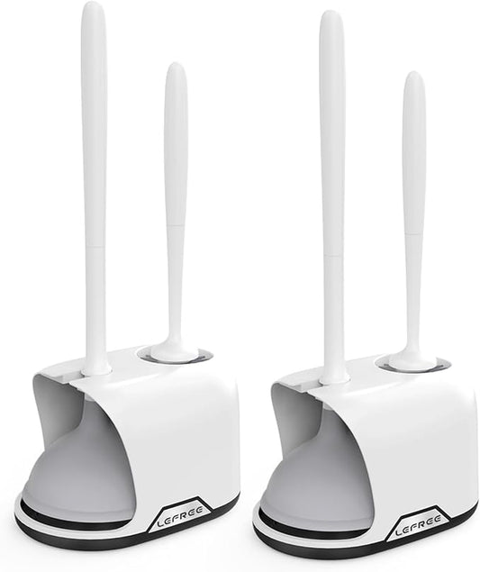 Lefree, 2 in 1 Toilet Brush and Plunger Set with Silicone Bristles, Plastic Material, Includes Holder, White/Black, for Deep Cleaning