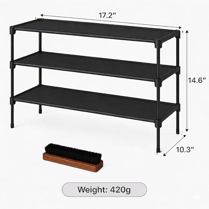 PRINCKY Store - 3-Tier Shoe Rack Organizer Bundle with Wooden Shoe Horn and Cleaning Brush, Compact Free-Standing Shoe Shelf for Closet, Entryway and Dorm, Space Saving Design, Black