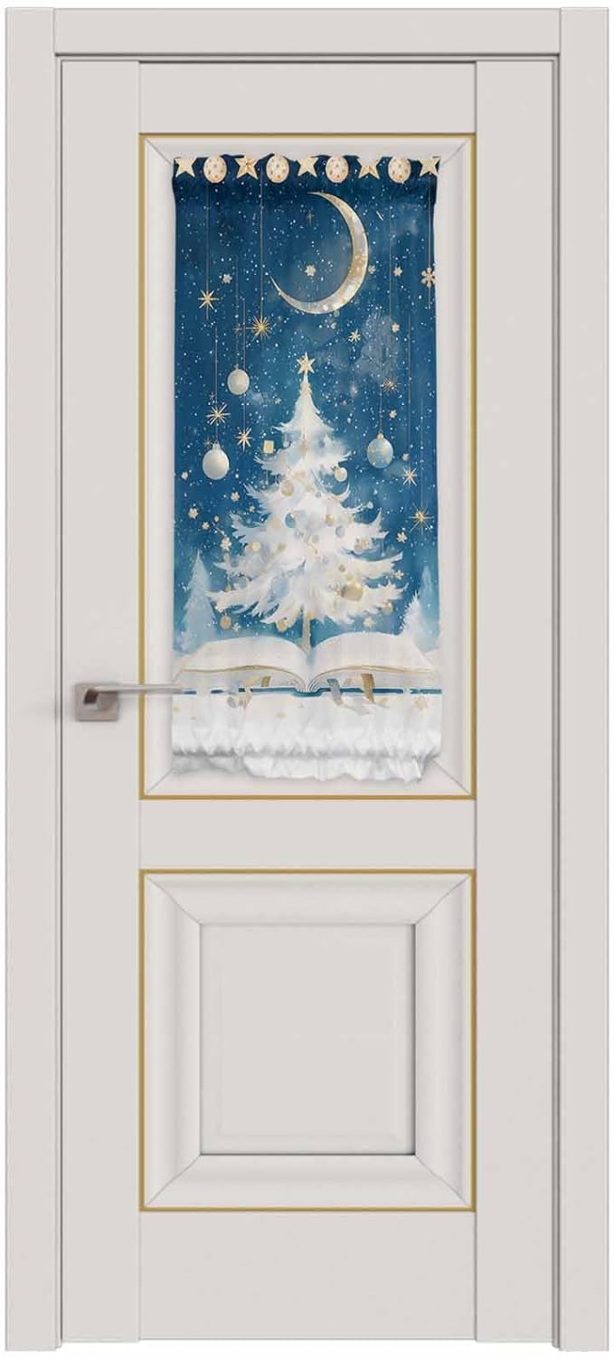Christmas French Door Curtain Panel for Front Door, Blue Ink Night Moon White Book Xmas Trees Slidelight Door Curtains with Tieback Light Filtering Privacy Panels for Doorway Entryway 25"x 40"