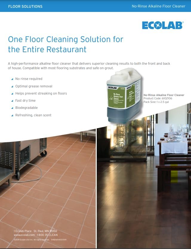 Ecolab 6102106 No Rinse Alkaline Commercial Floor Cleaner – 2.5 Gal | Fast Grease Removal | Biodegradable Quick-Drying Streak-Free | Safe on Grout | Ideal for Linoleum Vinyl Tile & Concrete Floor