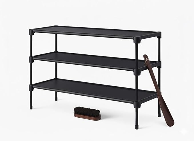 Shoe Shelf- 3 Tier Shoe Rack Stackable with Shoe Brush & Ergonomic Shoe Horn – Space-Saving Shoe Organizer for Entryway, Hallway, Closet or Wardrobe – Complete Shoe Care & Storage Set (Black)