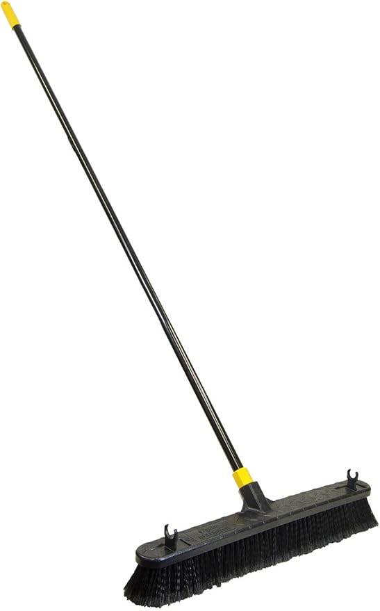 Quickie Cleaning Bulldozer 24-Inch Push Broom, 60-Inch Steel Handle, Smooth Surface Bristles, with Scraper for Stuck on Mess, Indoor/Outdoor Floors in Home/Garage/Basement/Driveway Use