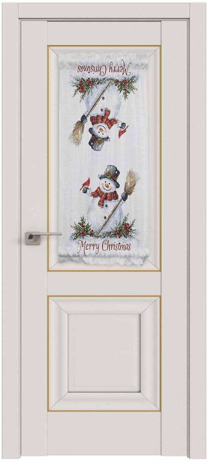 Christmas French Door Curtain Panel for Front Door, Retro Gray Snowman Cardinal Bird Merry Christmas Slidelight Door Curtains with Tieback Light Filtering Privacy Panels for Doorway Entryway 25"x 40"
