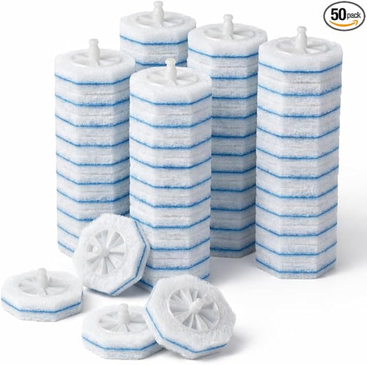 Disposable toilet wand refills (50 pack) compatible with Clorox, secure lock no-slipping design, instant foam cleaning scrubber pads, odor neutralizing refills