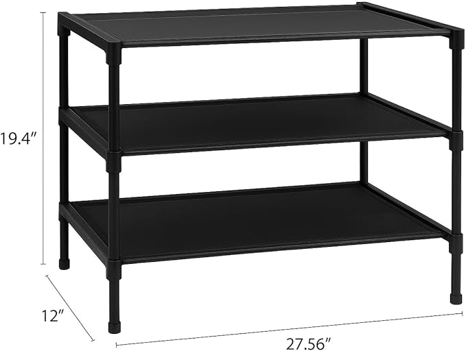 Shoe Shelf – 3 Tier Shoe Rack Stackable with Shoe Brush & Ergonomic Shoe Horn, Space-Saving Shoe Organizer for Entryway, Hallway, Closet & Wardrobe – Complete Shoe Care Set (Black)