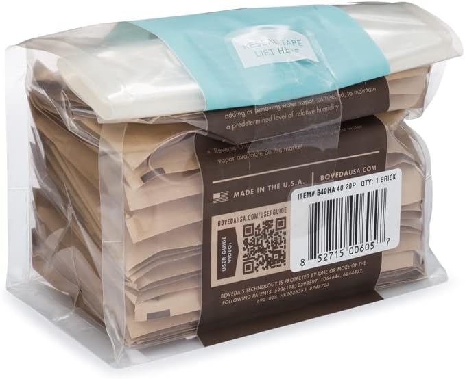 Boveda High-Absorbency 49% Two-Way Humidity Control Packs for Music Instruments in Extreme Humidity – 20 Pack – Size 40 – Moisture Absorbers for Instrument Cases – Prevent Warp – Resealable Bag