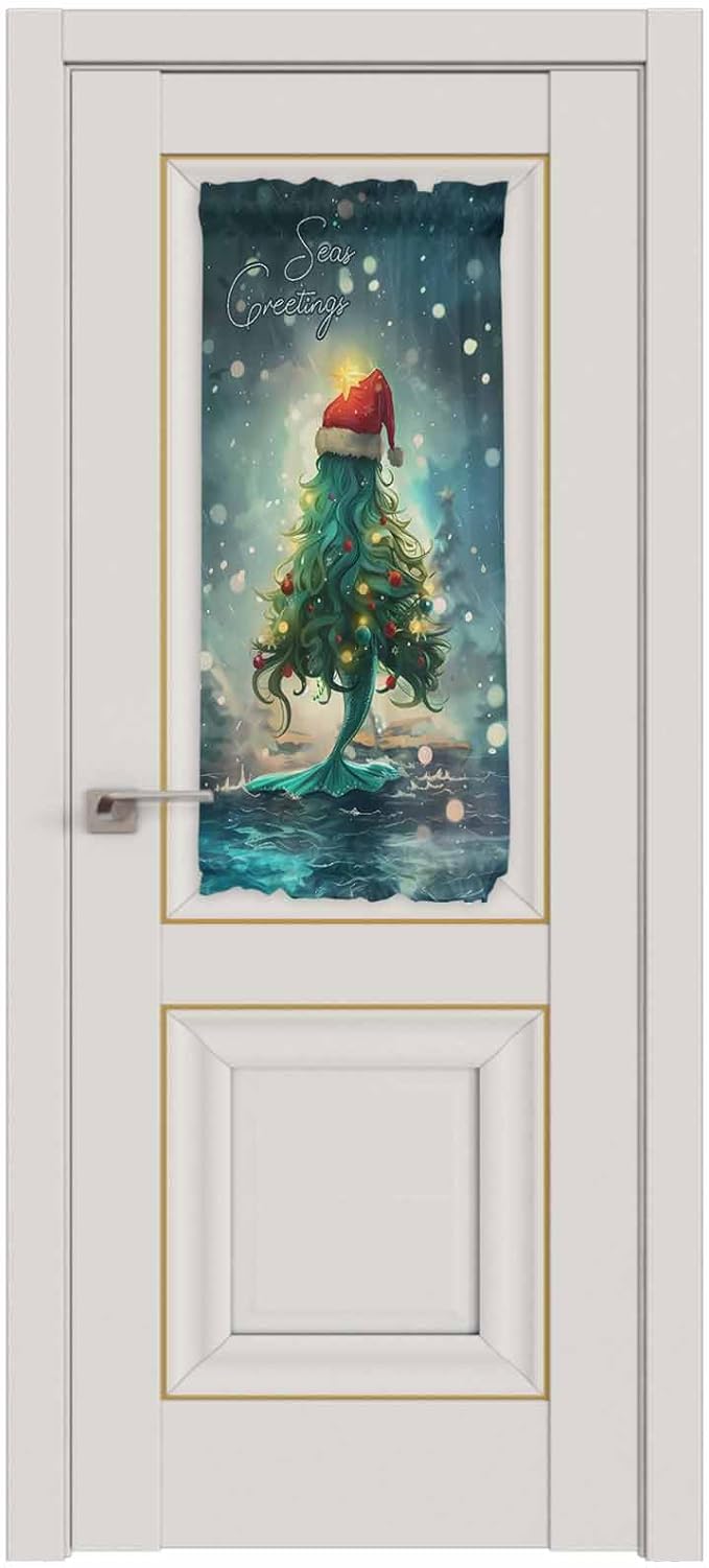 Christmas French Door Curtain Panel for Front Door, Sea Marine Life Christmas Tree Hair Slidelight Door Curtains with Tieback Light Filtering Privacy Panels for Doorway Entryway 25"x 40"