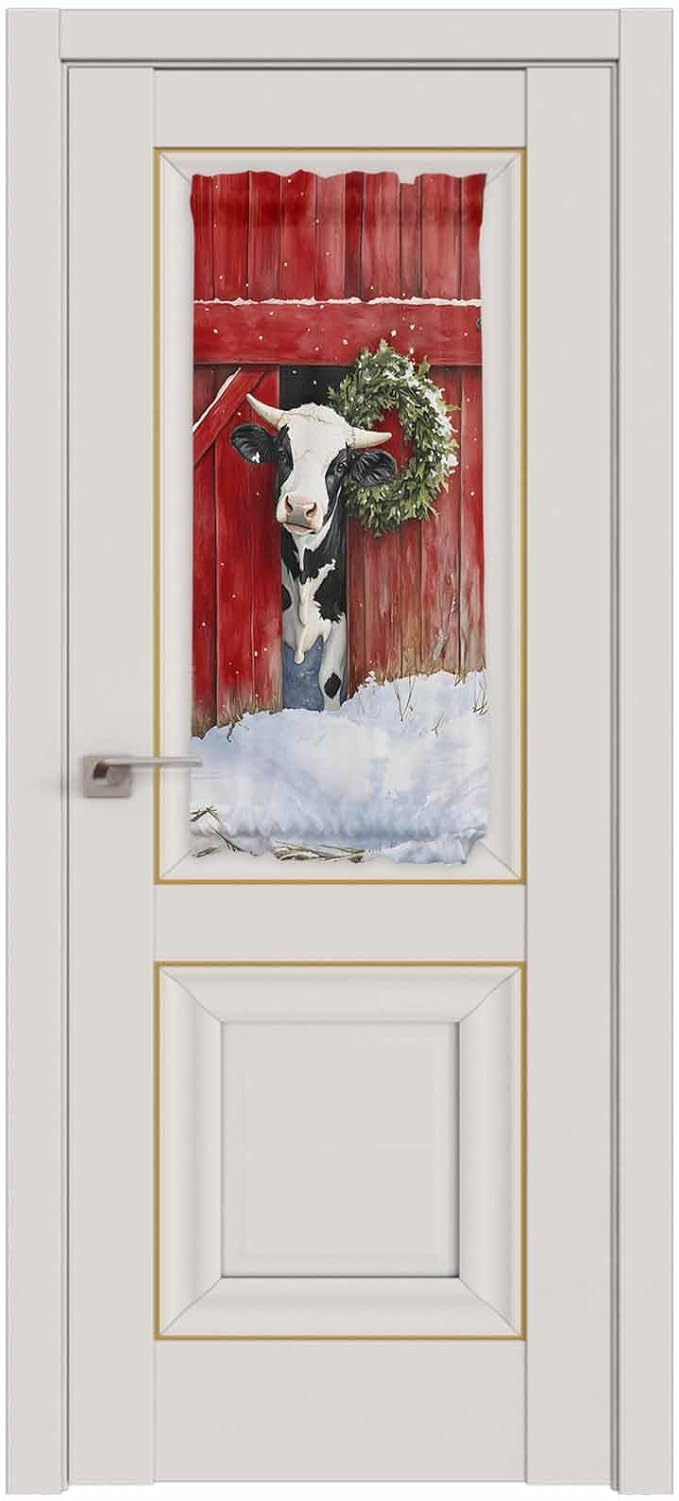 Christmas French Door Curtain Panel for Front Door, Milk Cow Green Christmas Wreath Red Farmhouse Slidelight Door Curtains with Tieback Light Filtering Privacy Panels for Doorway Entryway 25"x 40"