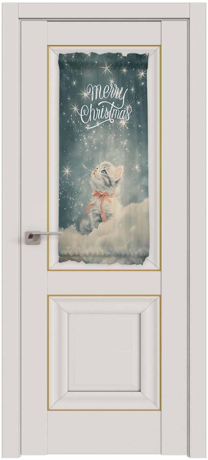 Christmas French Door Curtain Panel for Front Door, Dreamy Christmas Sparkle Star Cat Slidelight Door Curtains with Tieback Light Filtering Privacy Panels for Doorway Entryway 25"x 40"
