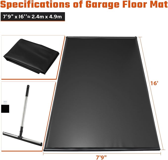 Garage Floor Mat for Under Car, 7’9” x 16’ Heavy-Duty 1000D PVC Containment Mat with Raised Edge, Waterproof Non-Slip Parking Mat for Snow, Rain, Mud, Car Garage Floor Protector for SUVs/Trucks