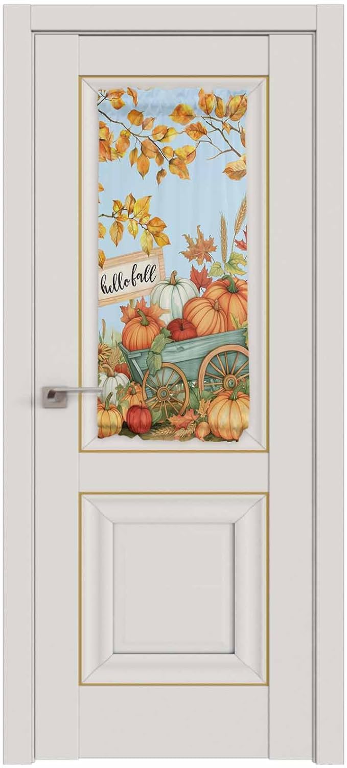 French Door Curtain Panel for Front Door, Countryside Pumpkins Fall Leaves Harvest Slidelight Door Curtains with Tieback Light Filtering Privacy Panels for Doorway Entryway 25"x 40"