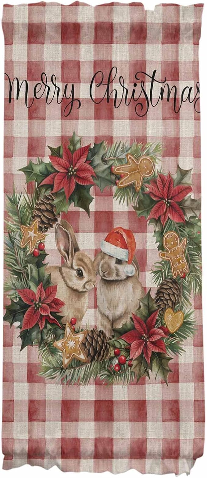 Christmas French Door Curtain Panel for Front Door, Rabbits Santa Hat Christmas Wreath Red Checkered Slidelight Door Curtains with Tieback Light Filtering Privacy Panels for Doorway Entryway 25"x 40"