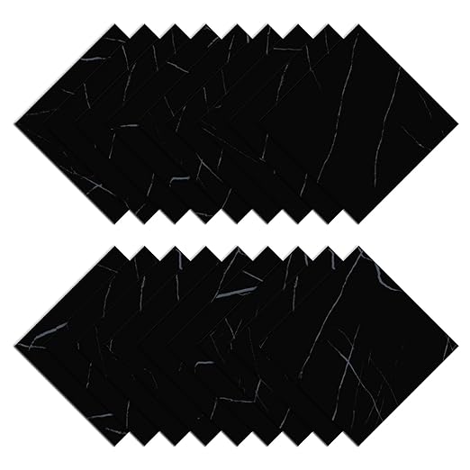 Wallercity Glossy Black Marble Vinyl Floor Tiles 12''x12'' Peel and Stick Floor Tile Waterproof Self Stick Flooring Tiles Black Removable Tile Decorative Panels for Bathroom Garage Kitchen 18-Packs