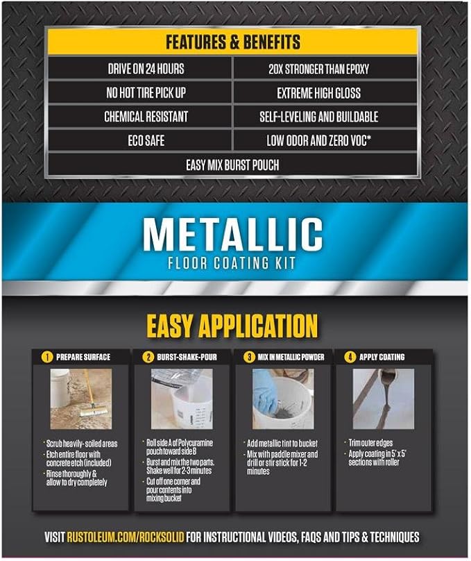 Rust-Oleum 299743 RockSolid Metallic Garage Floor Coating Kit, Gunmetal, 70 Fl. Oz