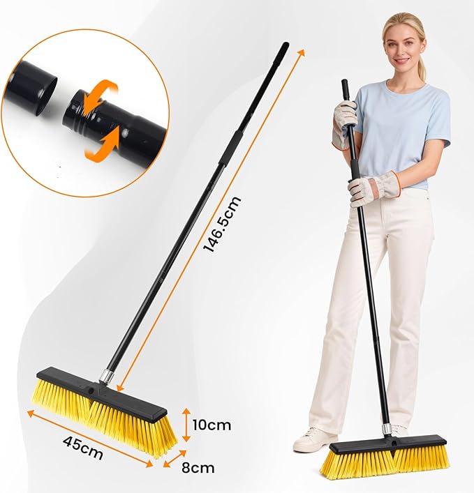 18 Inches Push Broom Outdoor，Commercial Broom Brush，Stiff Bristle Brush with 61.8 inches Long Handle for Patio Garage Deck Street Shop Warehouse Lawn Driveway -6 Pack