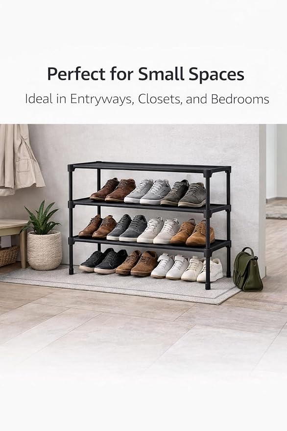 3-Tier Stackable Shoe Rack Organizer with Handle & Cleaning Brush, Adjustable Metal Shoe Shelf for Closet, Entryway, Bedroom & Hallway, No Tool Assembly, Durable Black Metal.