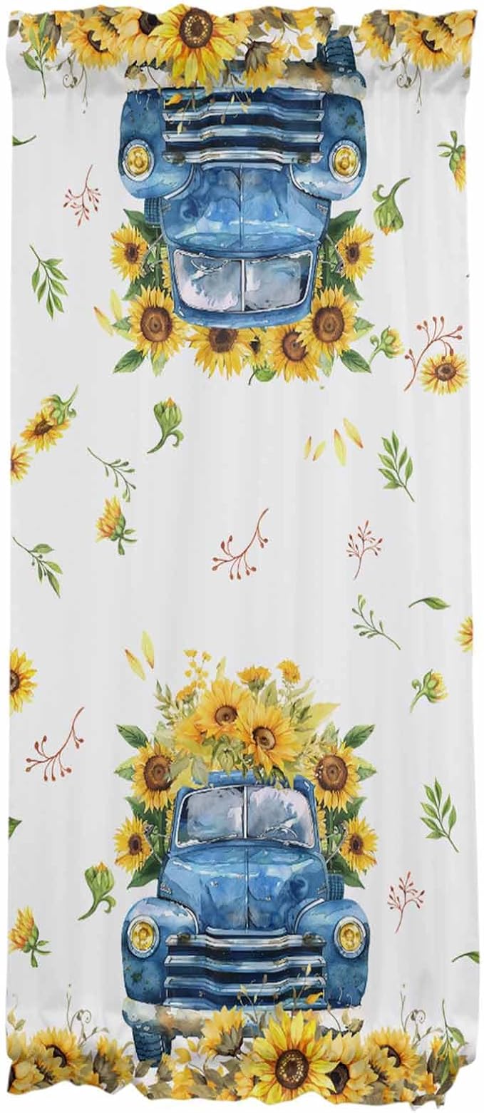 French Door Curtain Panel for Front Door Sunflower Blue Truck Summer Slidelight Door Curtains with Tieback Light Filtering Privacy Panels for Doorway Entryway 25"x 40"