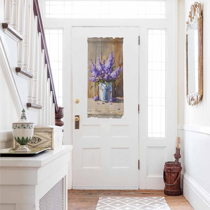 French Door Curtain Panel for Front Door, Lavender Wood Fence Oil Painting Country Slidelight Door Curtains with Tieback Light Filtering Privacy Panels for Doorway Entryway 25"x 40"
