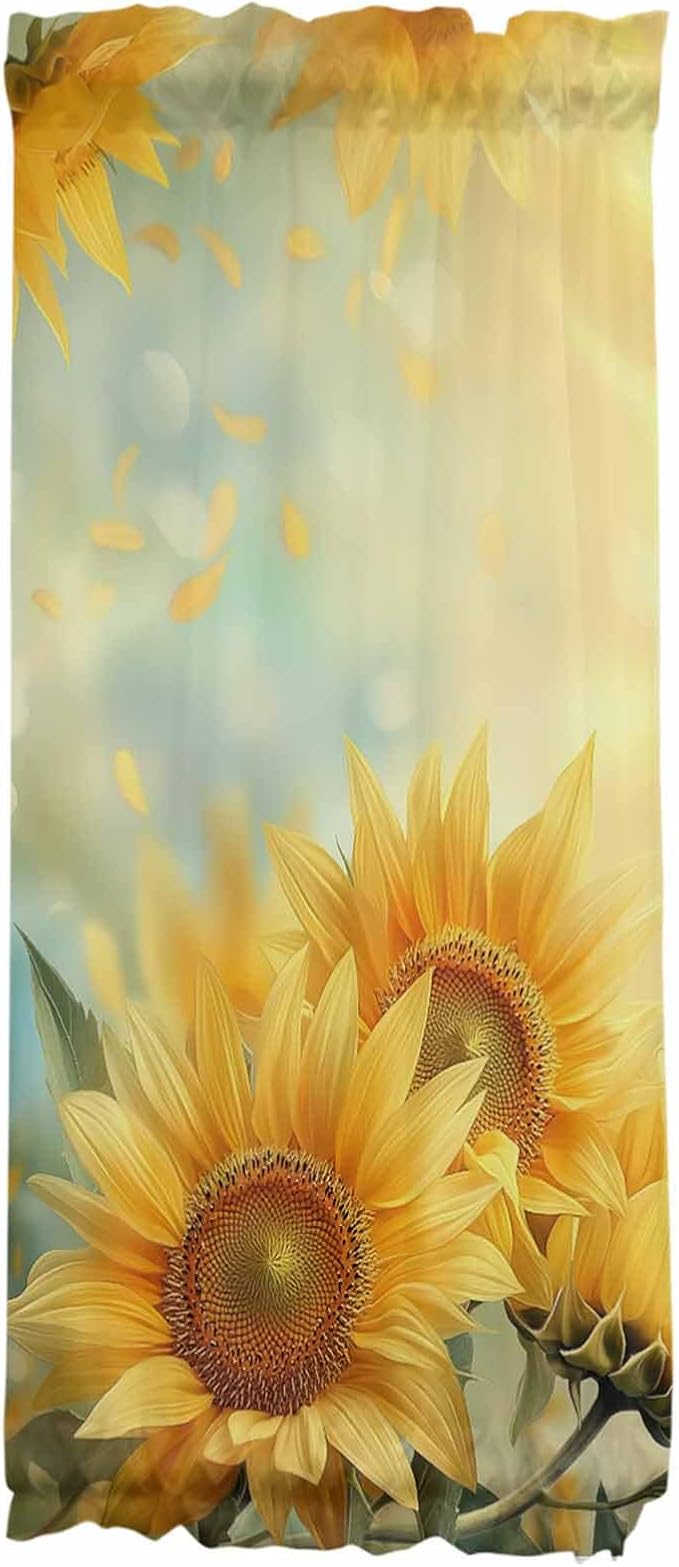 French Door Curtain Panel for Front Door, Bright Realism Sunflowers Plants Slidelight Door Curtains with Tieback Light Filtering Privacy Panels for Doorway Entryway 25"x 40"