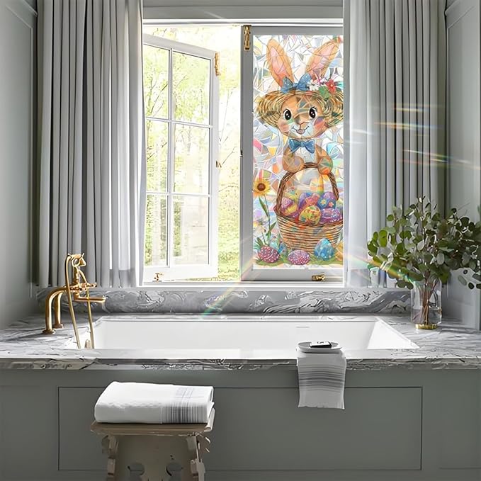 Easter Window Film Bunny with Basket of Colorful Eggs Spring Floral Artwork Decorative PVC Window Film for Entryway Bedroom Playroom Adds Cheerful Holiday Window Style