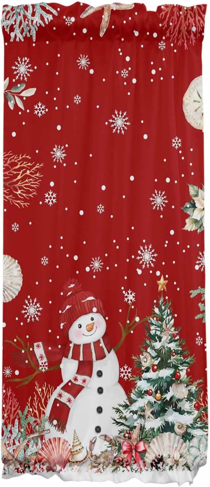 Christmas French Door Curtain Panel for Front Door, Marine Life Snowflake Christmas Tree Snowman Dark Red Slidelight Door Curtains with Tieback Light Filtering Privacy Panels for Entryway 25"x 40"