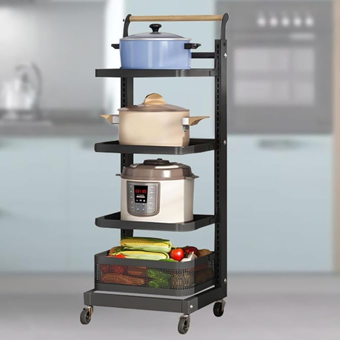 Kitchen Pan Rack nizer with Corner Shelf Black 4 Boards and 1 Basket niser Stand for Kitchen Worktops.