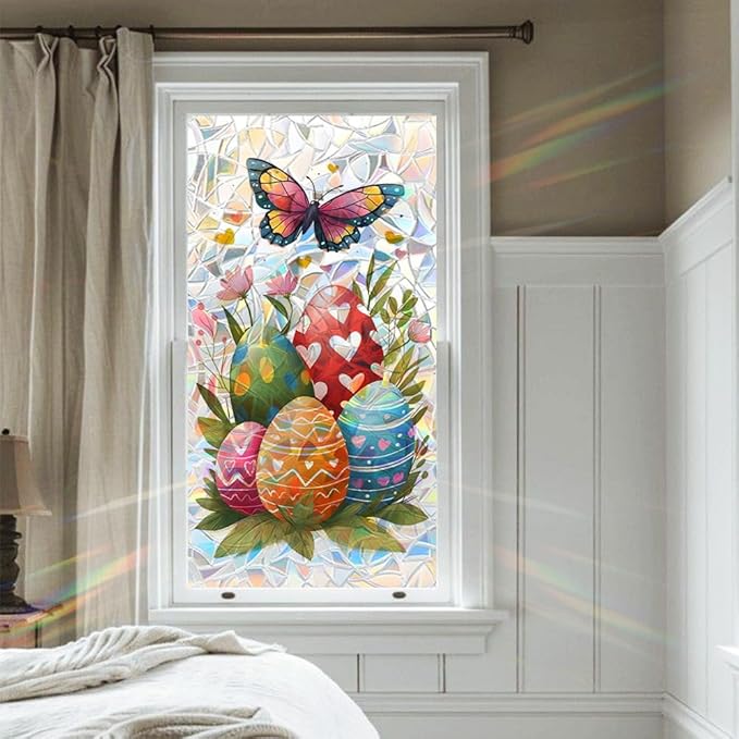 Easter Window Film Colorful Egg and Butterfly Design Decorative PVC Window Film for Home Entryway Kids Room Adds Spring Privacy and Light Softening Holiday Style