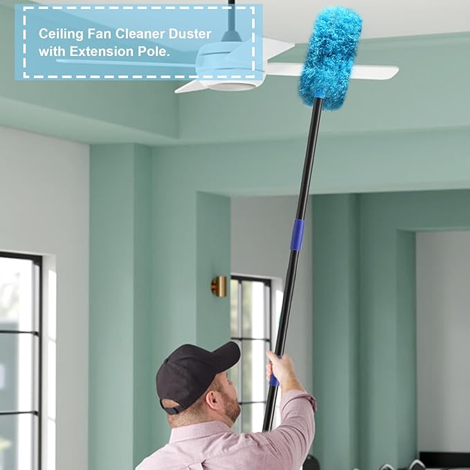 Ceiling Fan Cleaner Duster, 23 to 83 Inch Washable High Ceiling Duster, Microfiber Cleaner for Fan Blades, Furniture, Wall (Blue)