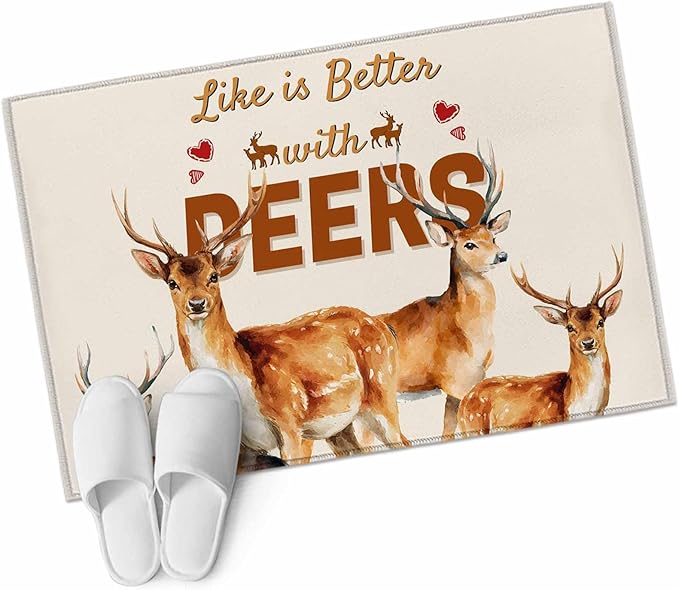 Beige Deer Entryway Rug 2'x3', Wildlife Animals Rustic Farmhouse Elk Rustic Farmhouse Small Area Rug Non-Slip Front Door Mat Washable Floor Carpet for Indoor Entrance Kitchen Bathroom