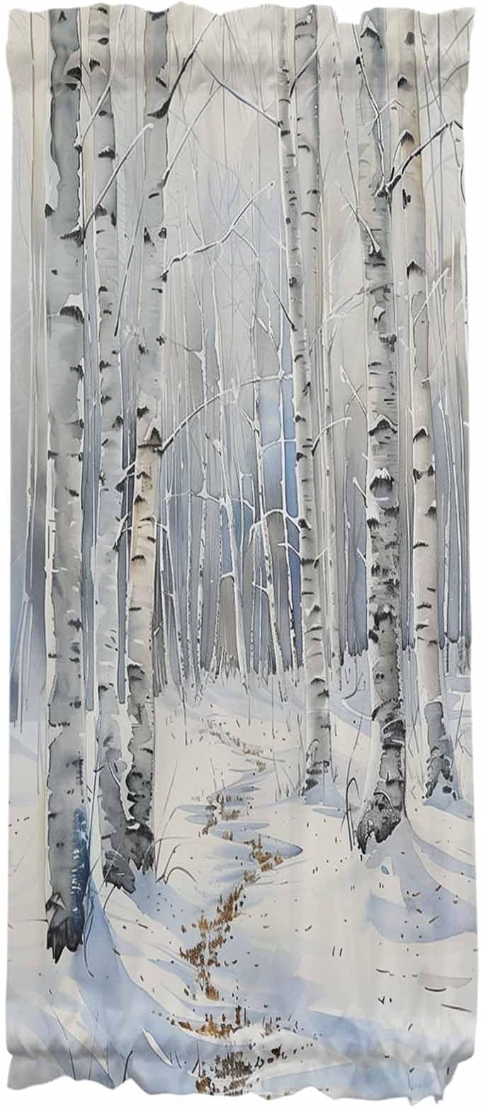 French Door Curtain Panel for Front Door, Watercolor Winter Birch Forest Path White Snow Slidelight Door Curtains with Tieback Light Filtering Privacy Panels for Doorway Entryway 25"x 40"
