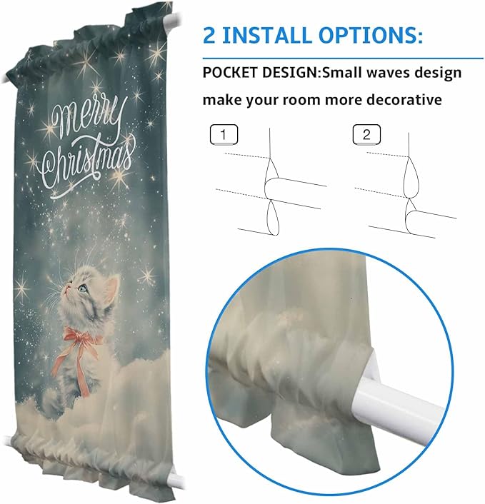 Christmas French Door Curtain Panel for Front Door, Dreamy Christmas Sparkle Star Cat Slidelight Door Curtains with Tieback Light Filtering Privacy Panels for Doorway Entryway 25"x 40"