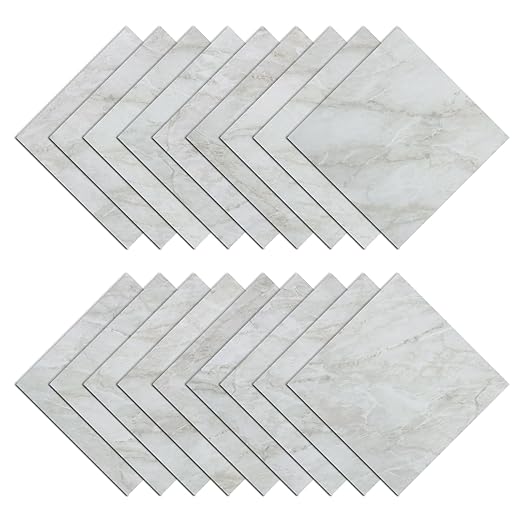 Wallercity Shiny White/Gray Peel and Stick Floor Tiles 18-Pack Self Adhesive Waterproof Vinyl Flooring Planks for Kitchen Bathroom Bedrooms 12x12 Inch Stick on Floor Tiles Linoleum Flooring Sheets