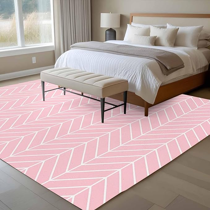 Pink Herringbone Stripes 6'x9' Large Area Rugs, Modern Abstract Geometric Pink Simple Lines Washable Area Rugs Non-Slip Indoor Floor Mats Large Carpet for Living Room Bedroom Dining Room