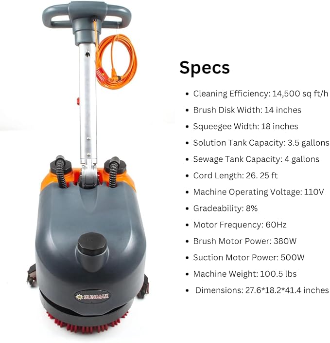 SUNMAX RT15AC 14" Walk Behind Floor Scrubber Machine for Industrial Commercial Use, 4-Gal Tank, 26-ft Power Cord