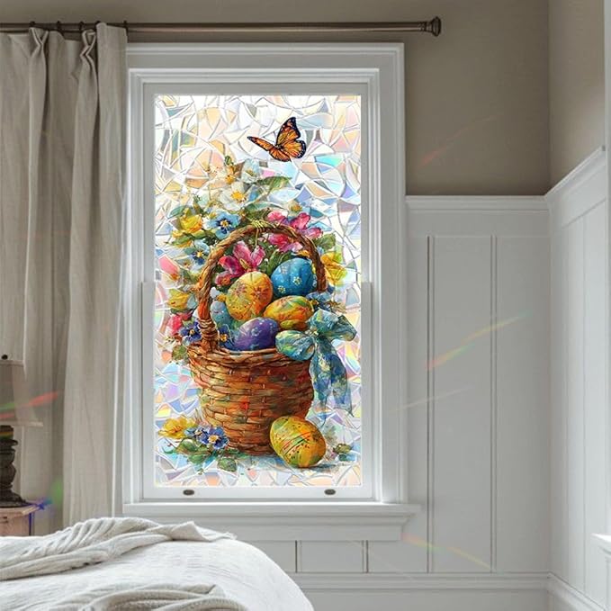 Window Film Mat 39.4 x 17.3 Inch PVC Decorative Easter Basket Window Film Floral Egg Pattern Glass Covering for Home Office Kitchen Bathroom Seasonal Privacy Light Filtering Design