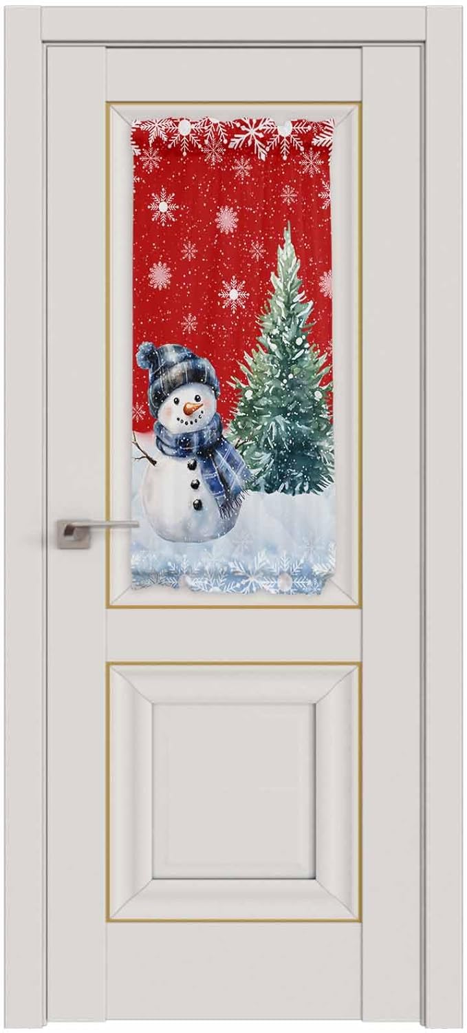 Christmas French Door Curtain Panel for Front Door, Red Pine Tree Christmas Snowman Blue Slidelight Door Curtains with Tieback Light Filtering Privacy Panels for Doorway Entryway 25"x 40"